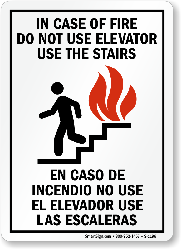 Do not use either. In Case of Fire. In Case of Fire use Stairs. Use the Stairs. Elevator Safety signs.