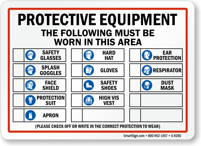 Reminder workers that wearing protective gear is a must in your workplace.  - protective equipment the following must be worn sign S-9260